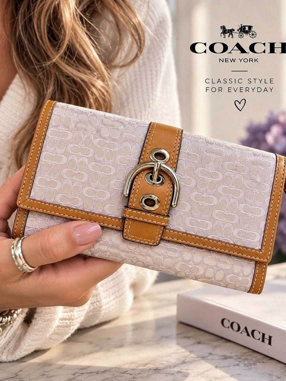 Coach Signature Op Art Buckle Checkbook Wallet Pink & Brown